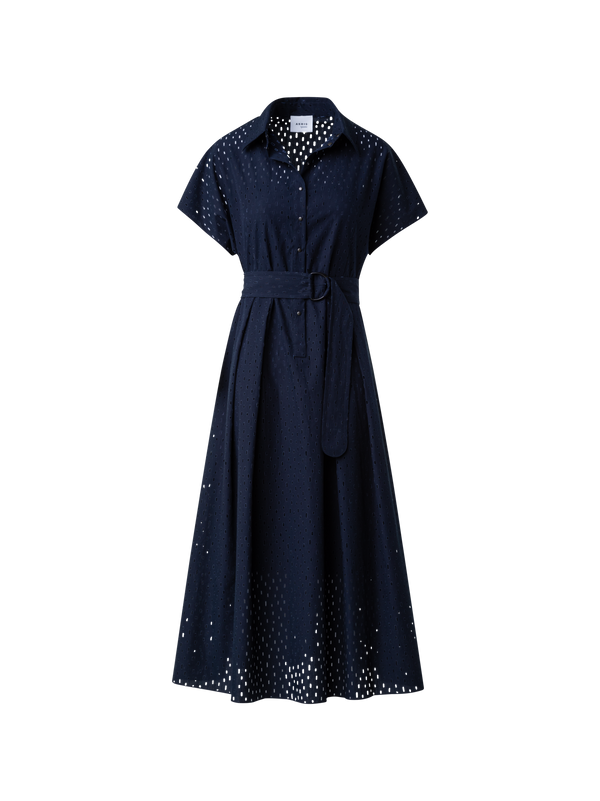 Designer A-Line Flare Cotton Lasercut Grid Midi Dress - navy