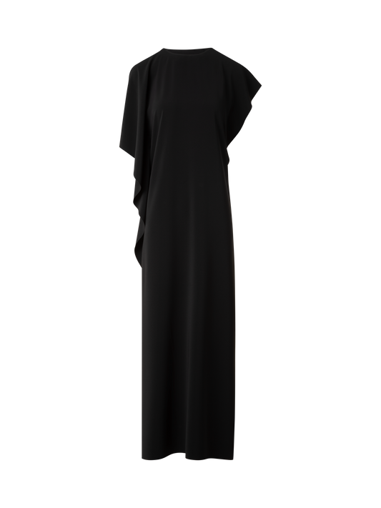 Designer Laser Cut Midi Dress with Off-shoulder Drape - black