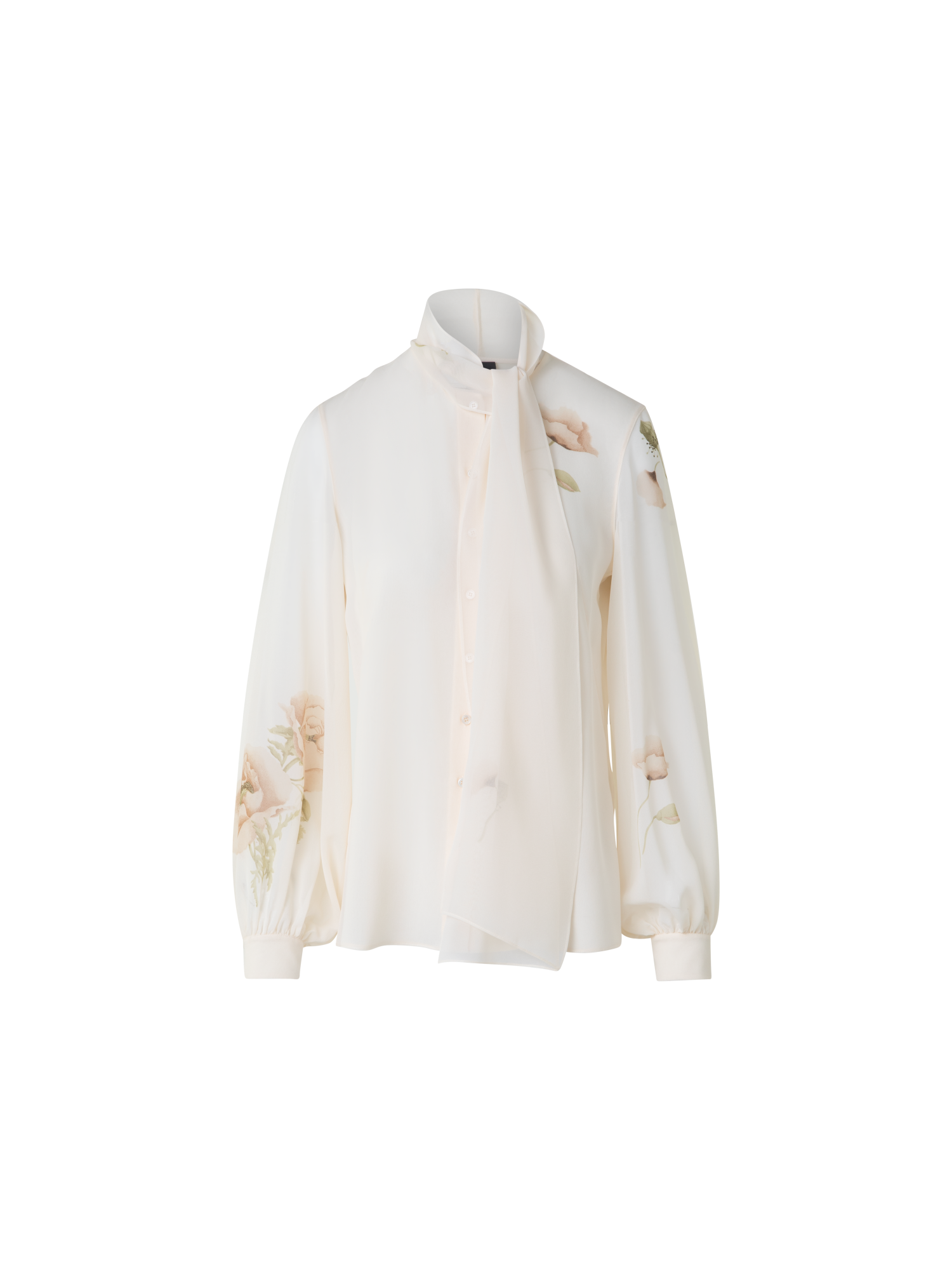 Designer Tie Neck Silk Blouse with Anemone Print - neutral - pastel - multicolor - ecru - white
