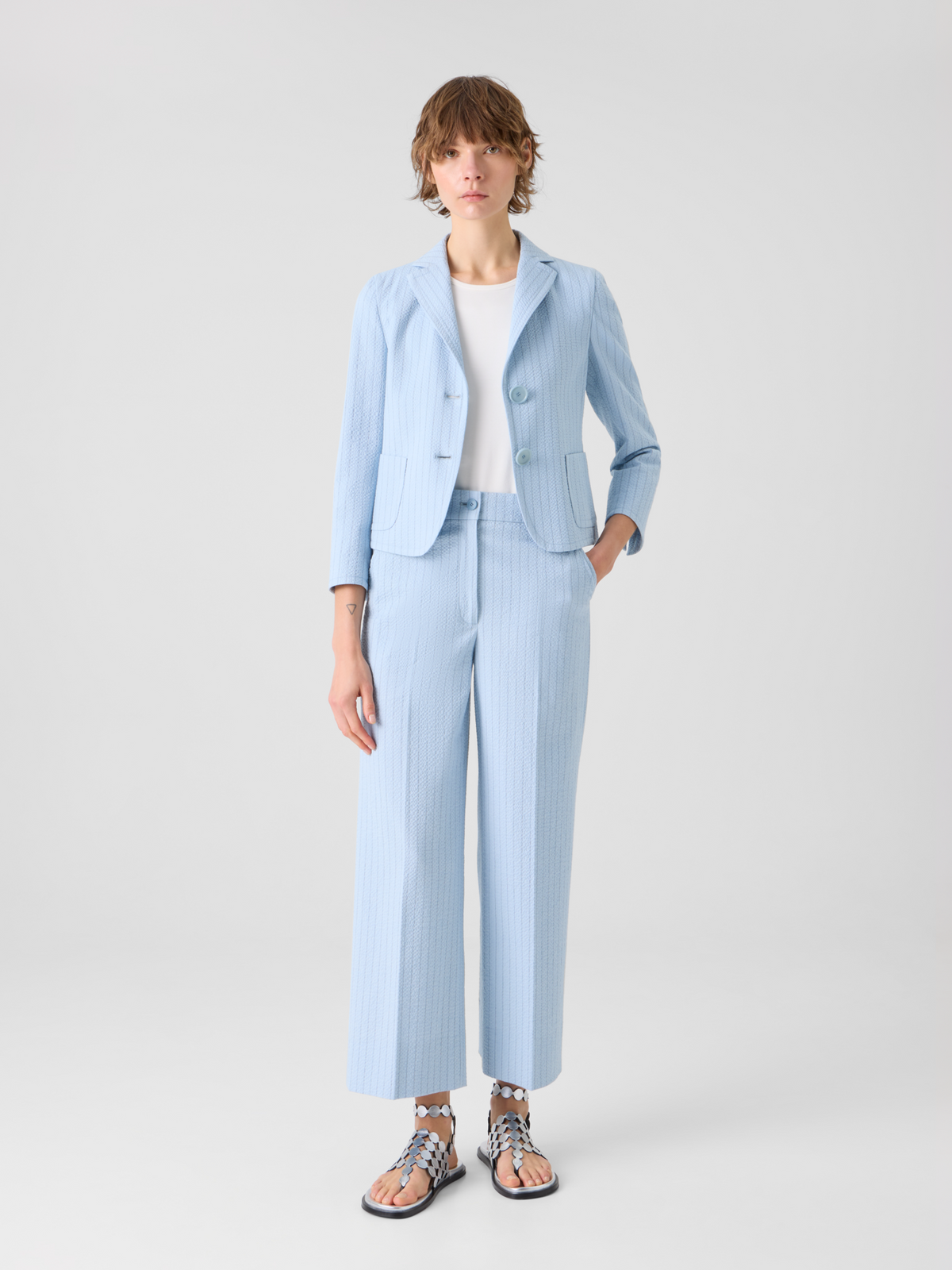 Designer Chiara High-Rise Cropped Wide Leg Seersucker Pants - pastel - blue #editorial