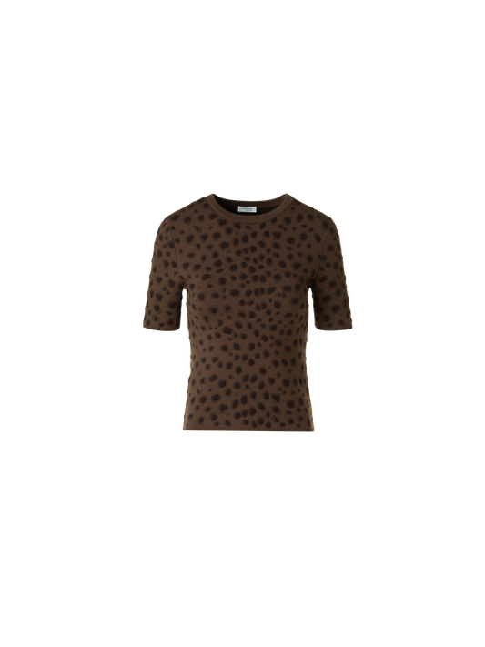 Designer Fitted Merino Wool Knit Top in Leopard Jacquard - neutral - brown