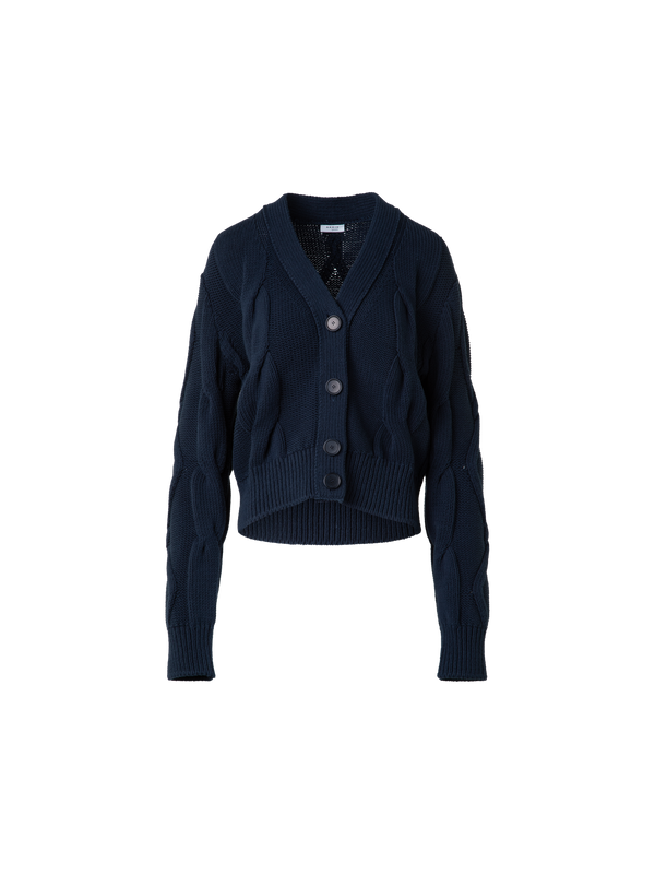 Designer Cardigan in Chunky Cotton Cable Knit - navy - blue