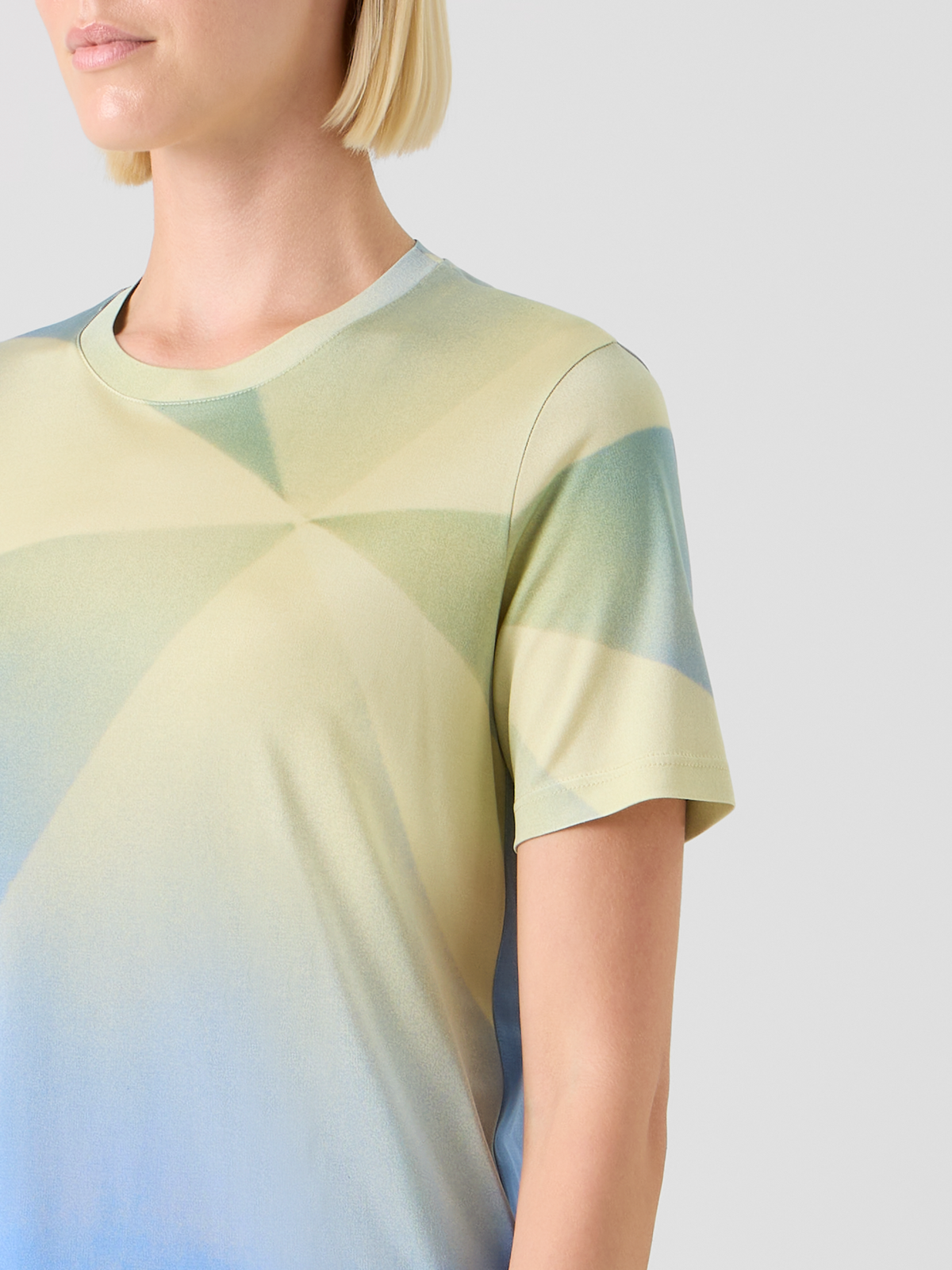 Designer Sunbeam Print Silk Jersey T-Shirt - blue - multicolor - yellow #editorial