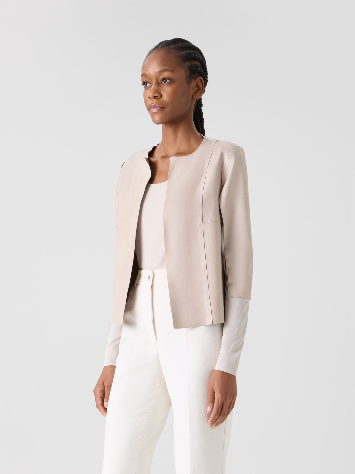 Designer Leather Panel Knit Cardigan with Sheer Back - neutral - beige