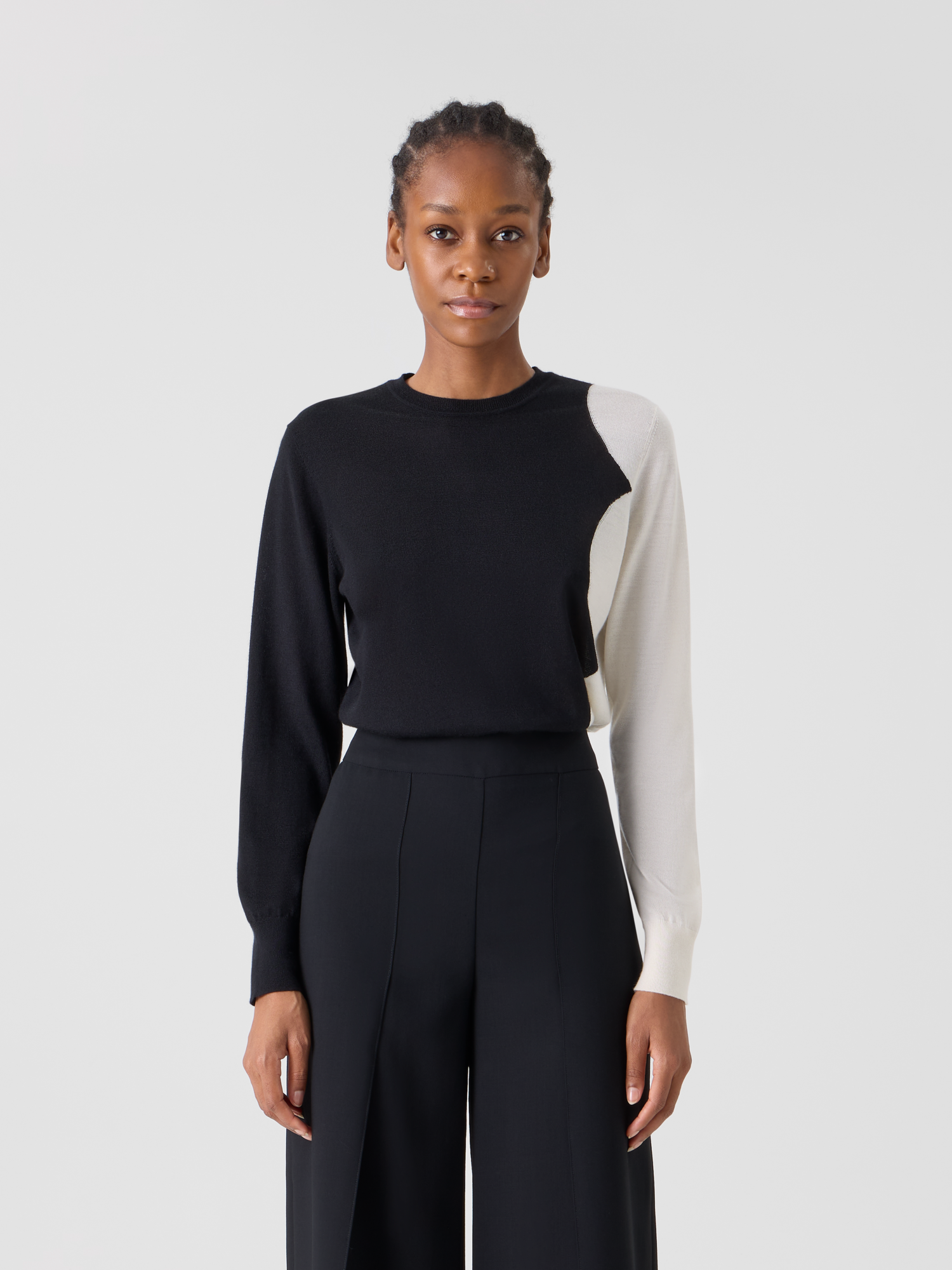 Designer Long Sleeve Cashmere Silk Cloud Intarsia Sweater - black 