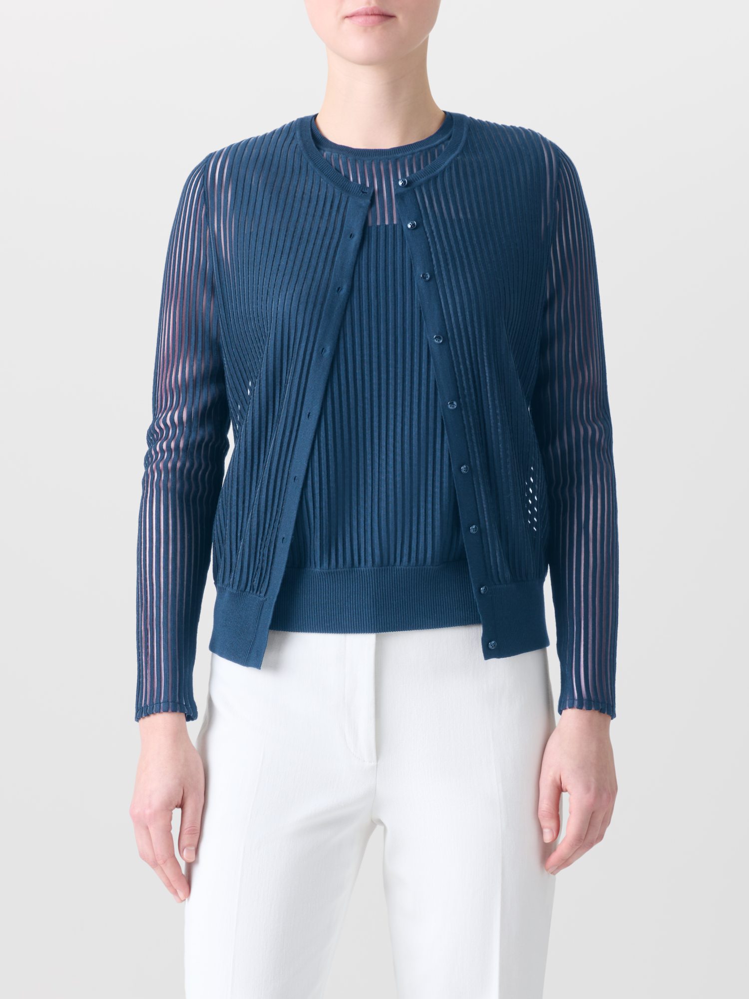 Designer Knit Cardigan in Silk Blend Structured Lines - blue 