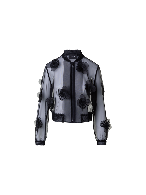 Designer Sheer Tulle Bomber Jacket with Poppy Flower - black