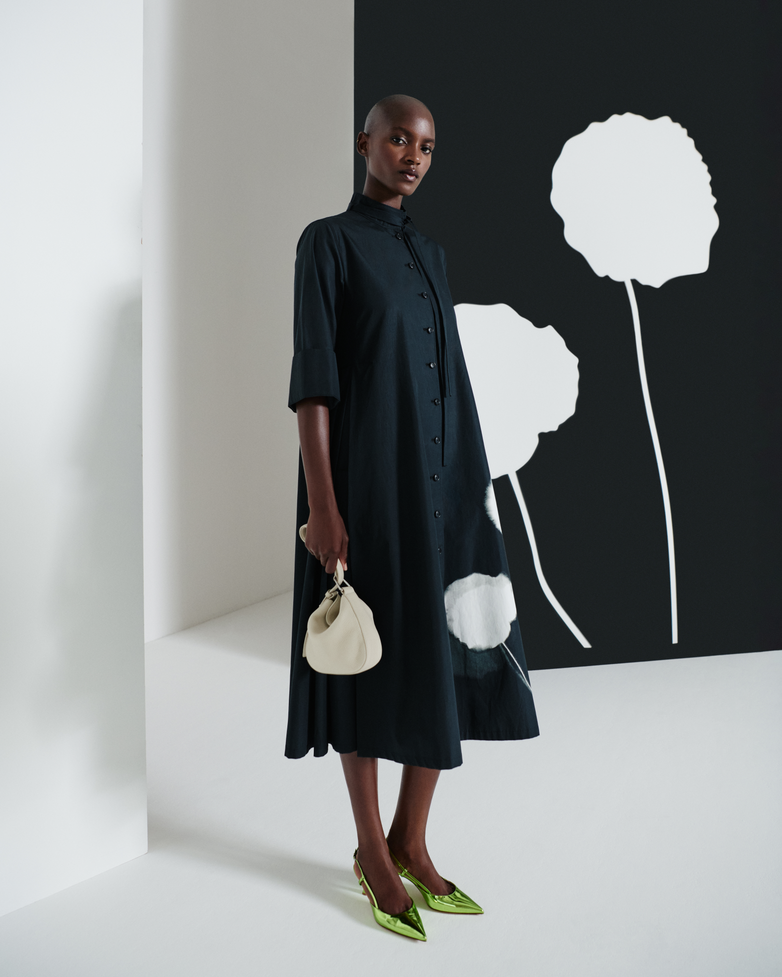 Designer Midi Shirt Dress with Dandelion Print - black - multicolor 