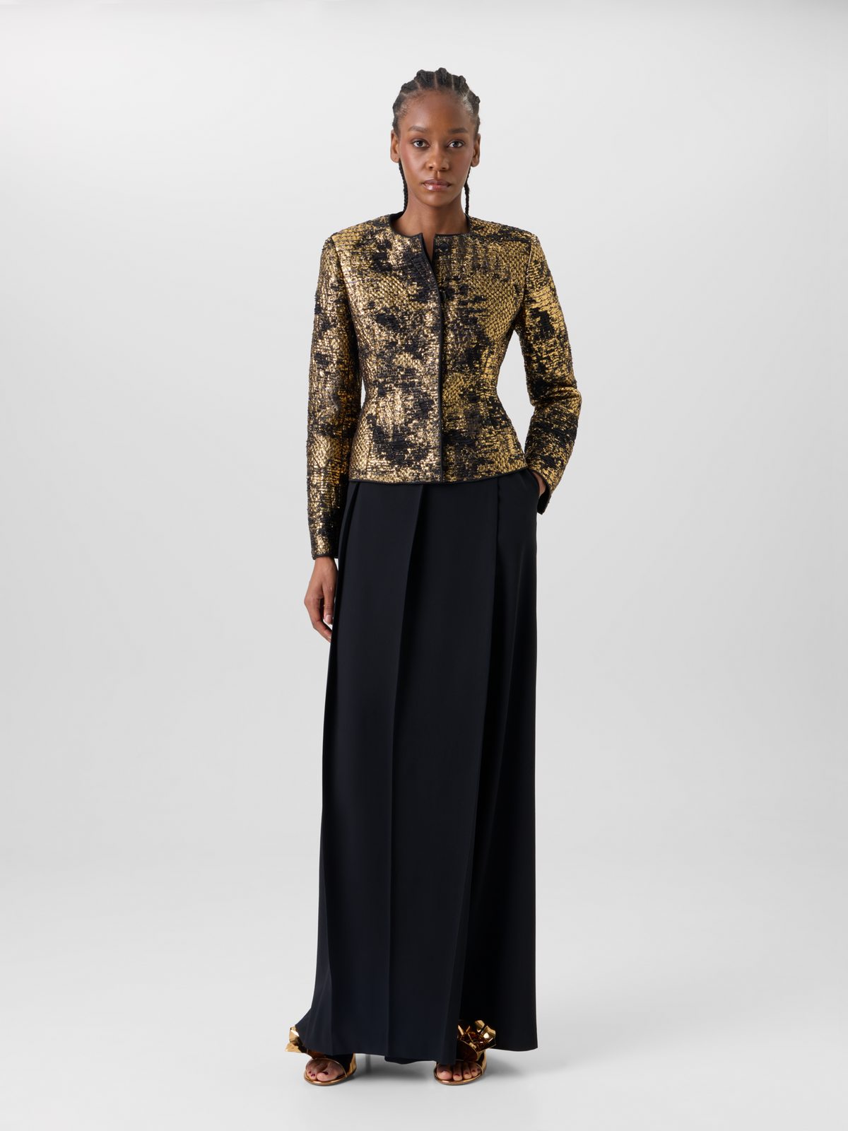Designer Pleated Wide Pants in Wool Gabardine - black 