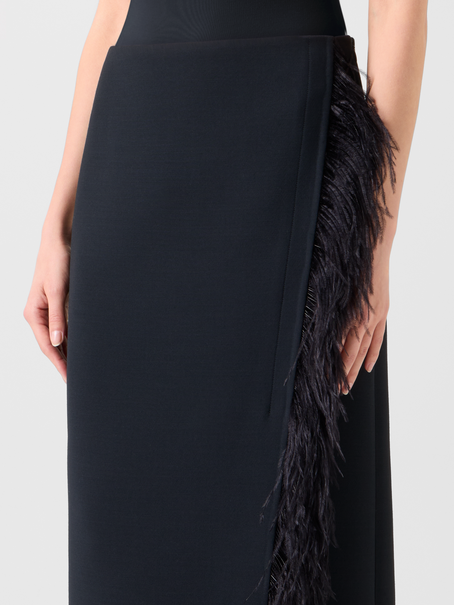 Designer Asymmetrical Wool Midi Skirt with Feather Trim - black - neutral 
