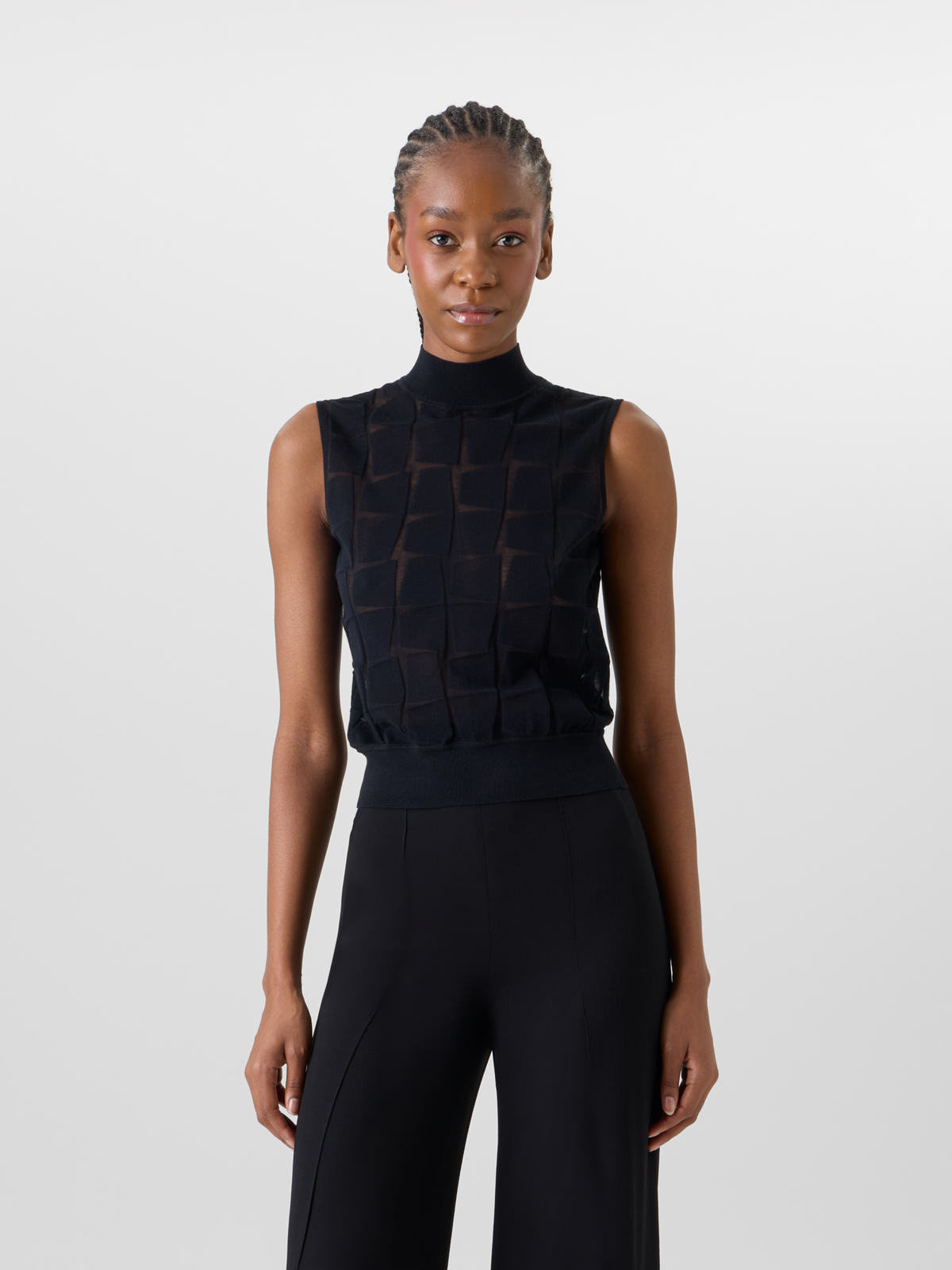 Designer Sleeveless Trapezoid Jacquard Knit Top - black #editorial