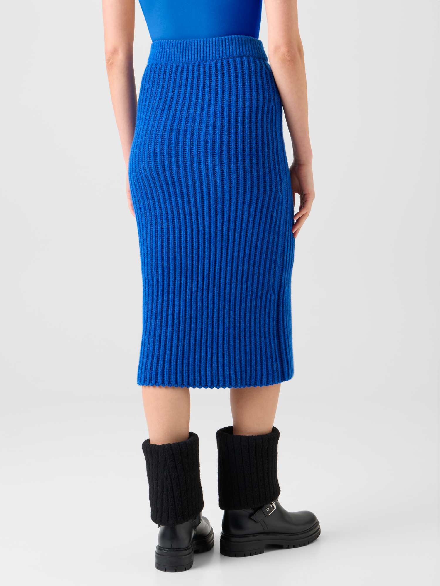 Designer Fitted Cashmere Chunky Rib Knit Tube Skirt - blue 