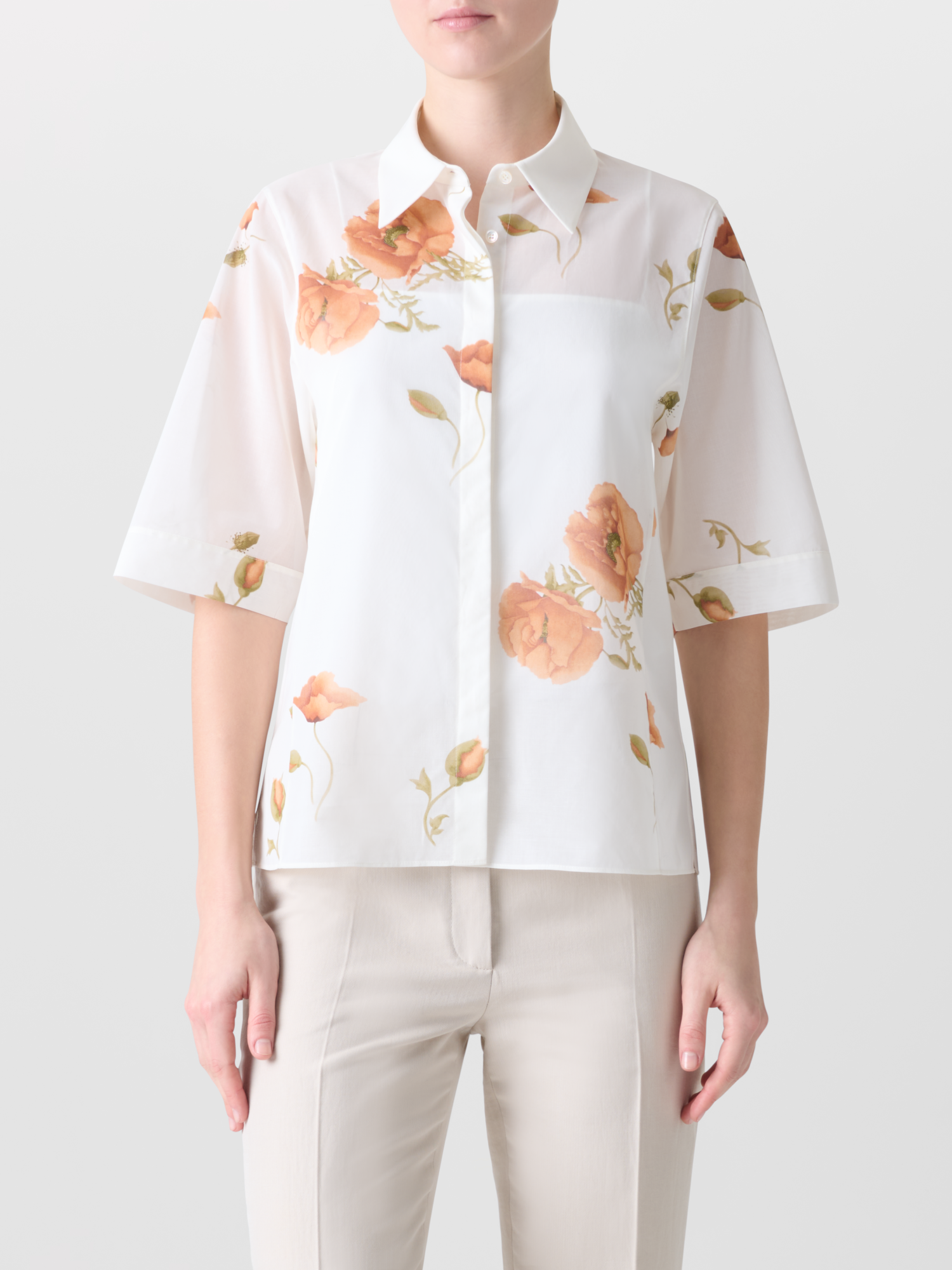 Designer Boxy Cotton Blouse with Anemone Print - neutral - pastel - multicolor - ecru - white
