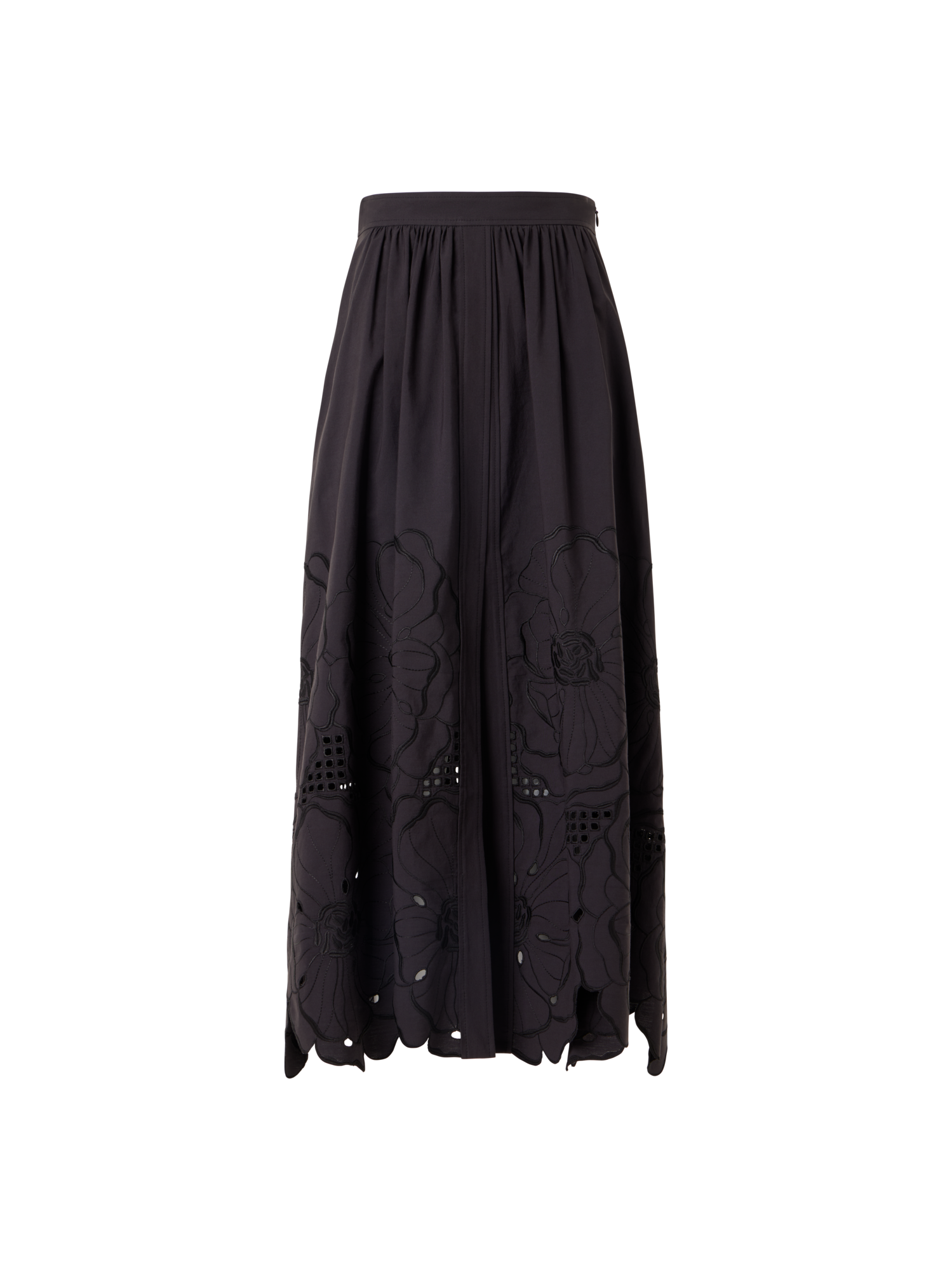 Designer Flared Flower Eyelet Midi Skirt - black