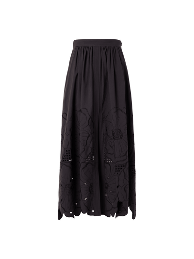 Designer Flared Flower Eyelet Midi Skirt - black