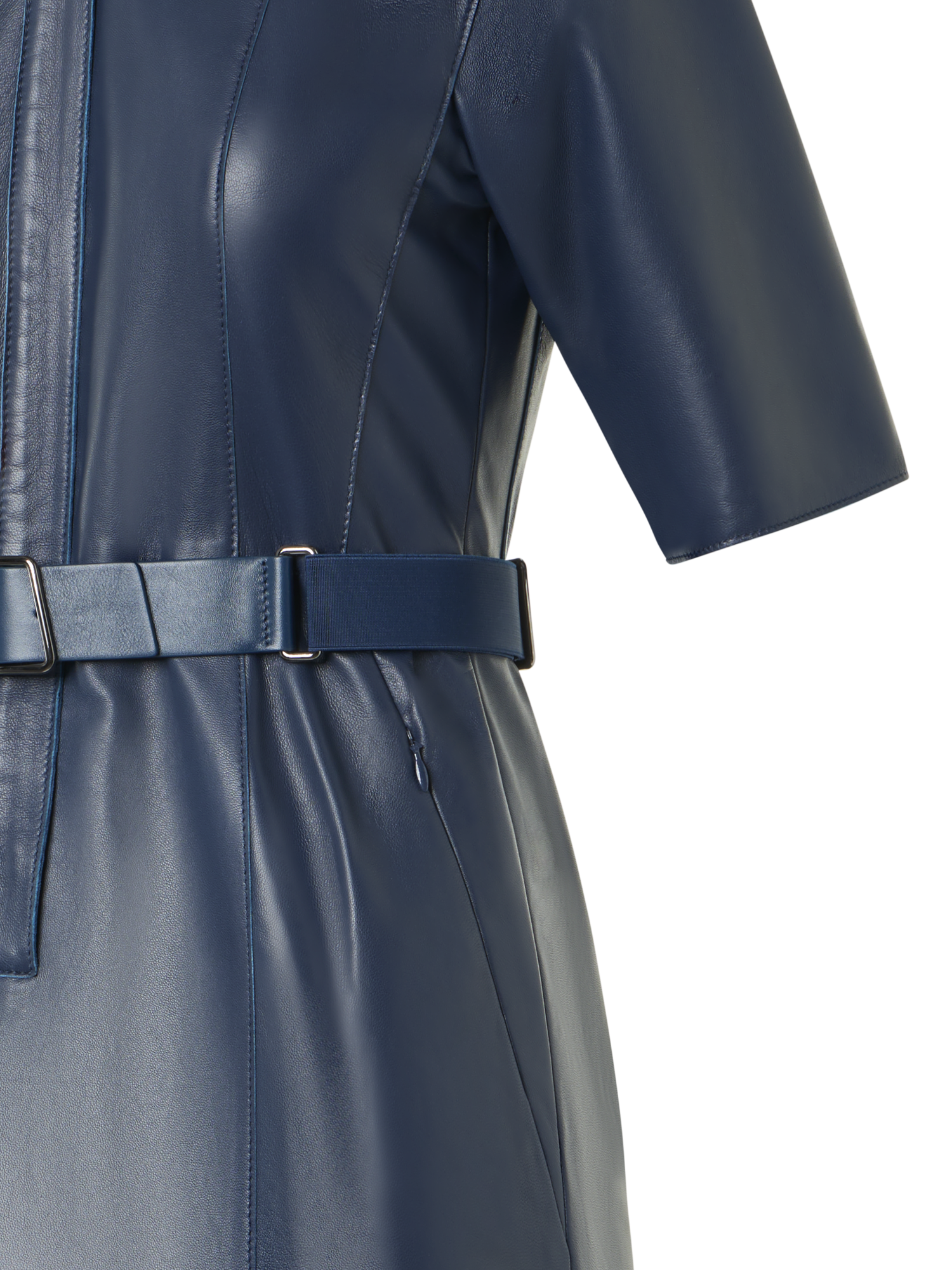 Designer Short Sleeve Shirt Dress in Leather - blue