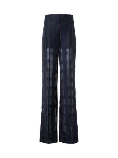Designer Straight Wide Cotton Plaid Pants - neutral - navy - blue