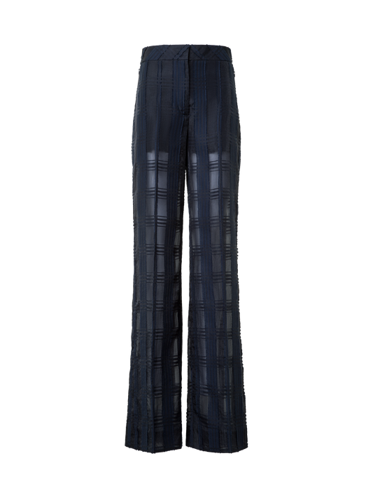 Designer Straight Wide Cotton Plaid Pants - neutral - navy - blue