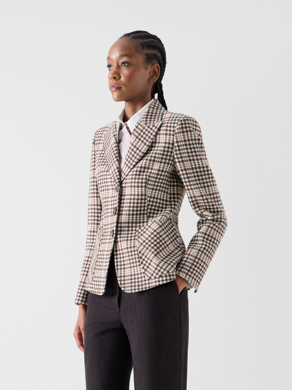Designer Fitted Jacket in Check Wool Blend Tweed - multicolor - brown #editorial