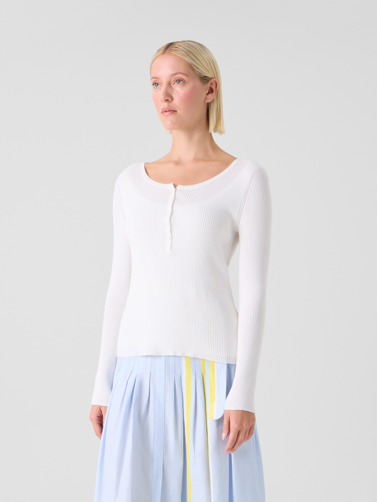 Designer Fitted Ribbed Cotton Henley Sweater - white