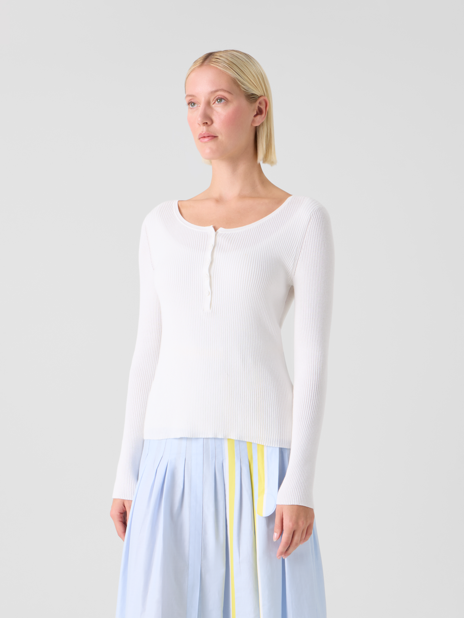 Designer Fitted Ribbed Cotton Henley Sweater - white