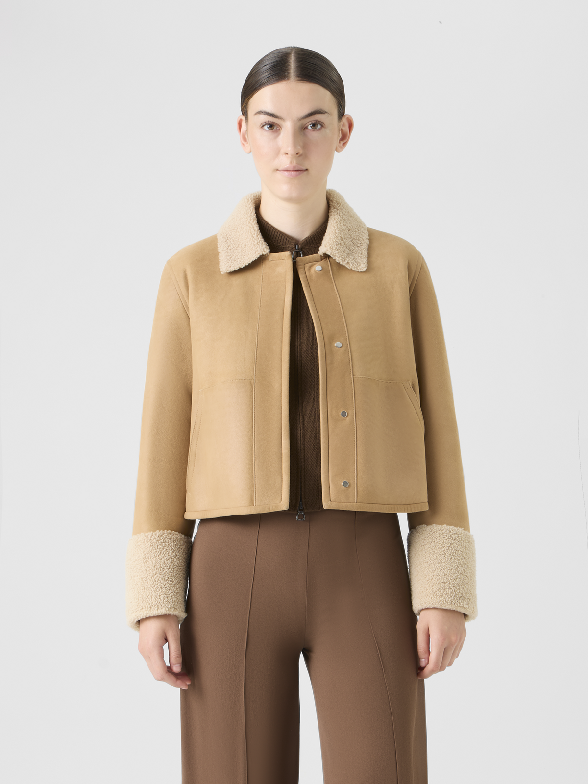 Designer Short Shearling Jacket with Fur Collar and Cuffs - beige #editorial