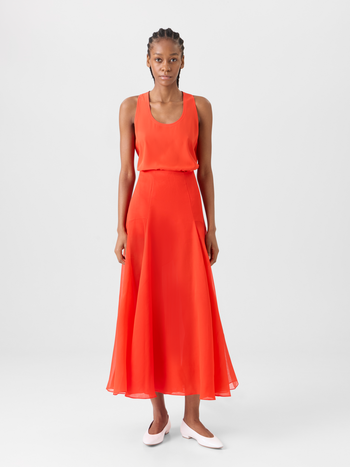Designer Flared Midi Skirt in Silk Organza - red #editorial