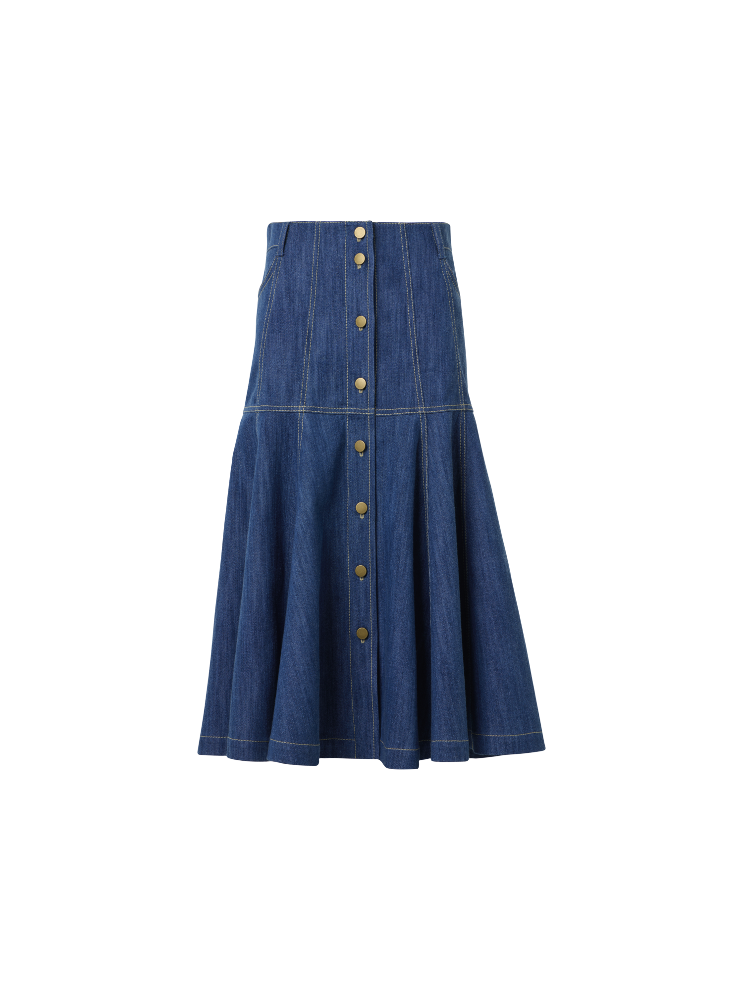 Designer Cotton Denim Midi Skirt with Flared Hem - blue