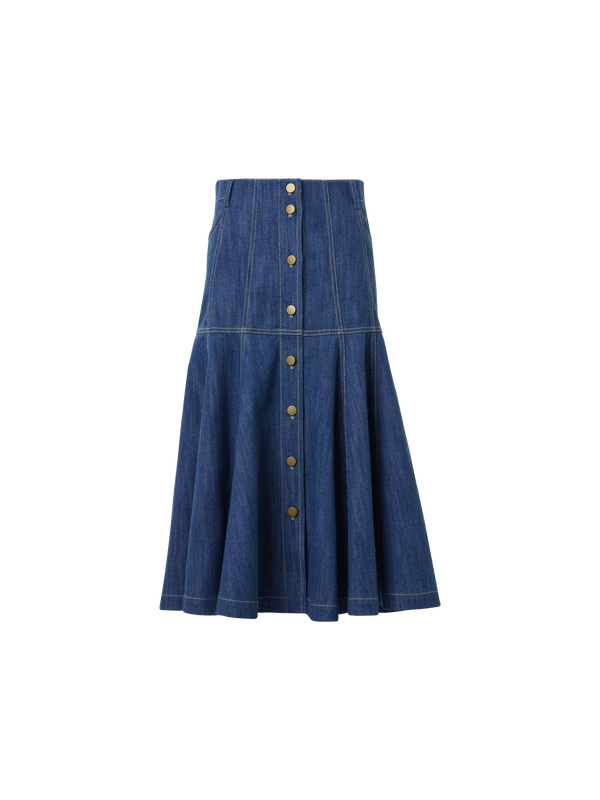 Designer Cotton Denim Midi Skirt with Flared Hem - blue