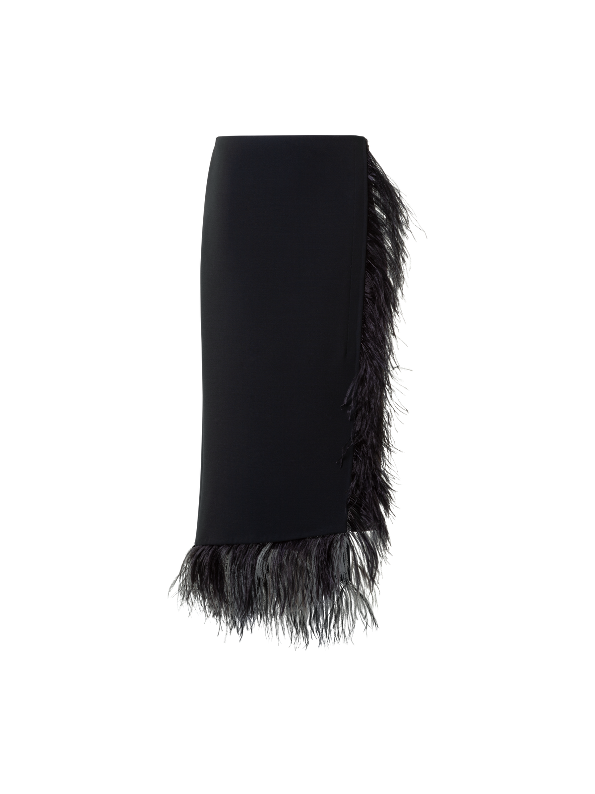 Designer Asymmetrical Wool Midi Skirt with Feather Trim - black - neutral