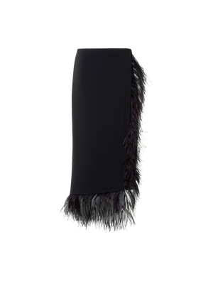 Designer Asymmetrical Wool Midi Skirt with Feather Trim - black - neutral