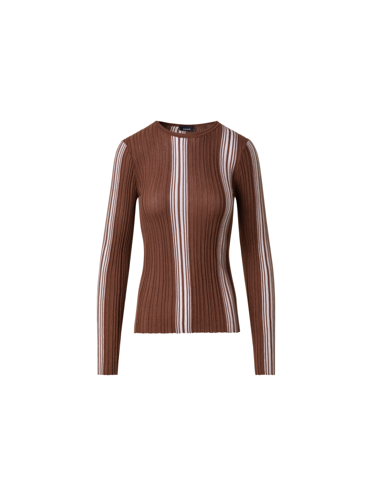 Designer Wool Silk Ribbed Sweater with Irregular Stripes - brown - multicolor