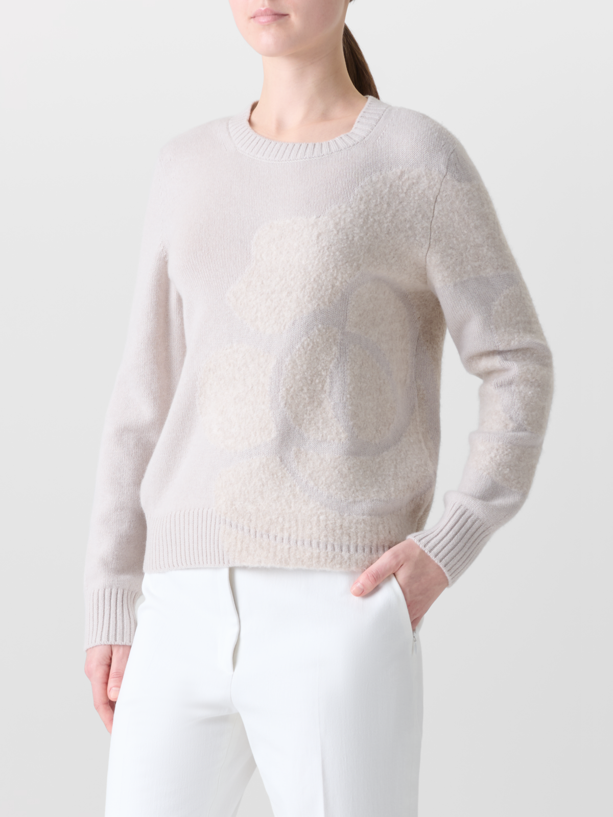 Designer Cashmere Sweater with 3D Anemone Intarsia - neutral - grey - beige