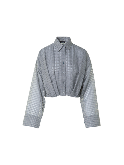 Designer Sheer Cropped Blouse with Pleated Waist - black - neutral - grey - multicolor