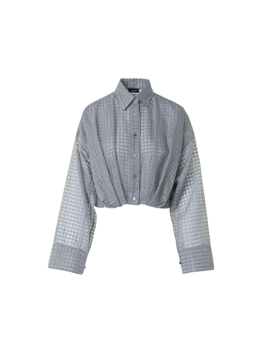 Designer Sheer Cropped Blouse with Pleated Waist - black - neutral - grey - multicolor