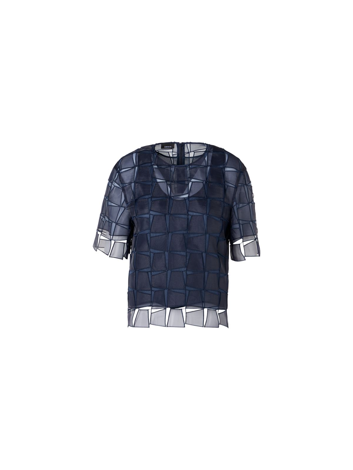 Designer Short-Sleeve Trapezoid Organza Blouse - navy