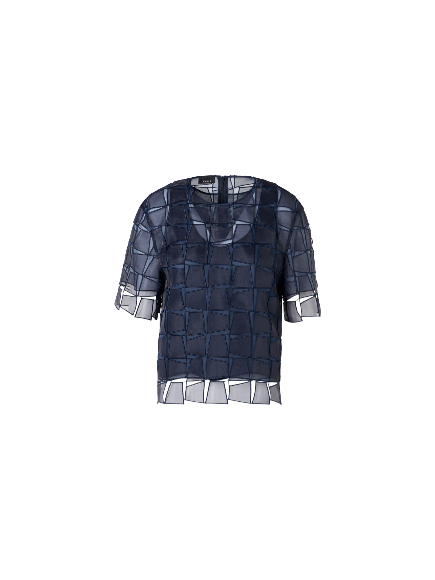 Designer Short-Sleeve Trapezoid Organza Blouse - navy
