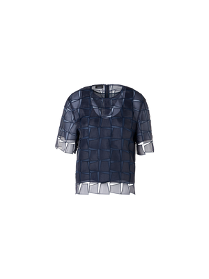 Designer Short-Sleeve Trapezoid Organza Blouse - navy