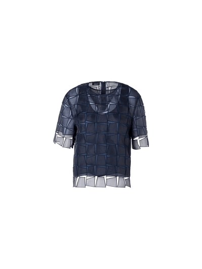 Designer Short-Sleeve Trapezoid Organza Blouse - navy