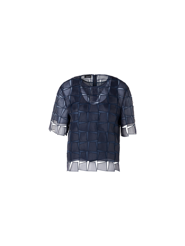 Designer Short-Sleeve Trapezoid Organza Blouse - navy