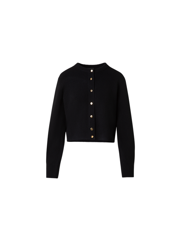Designer Ribbed Cashmere Cardigan with Gold Buttons - black