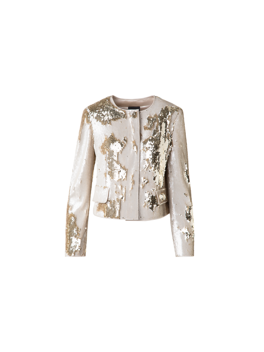 Designer Cropped Jacket with Dual Sequins - beige - gold