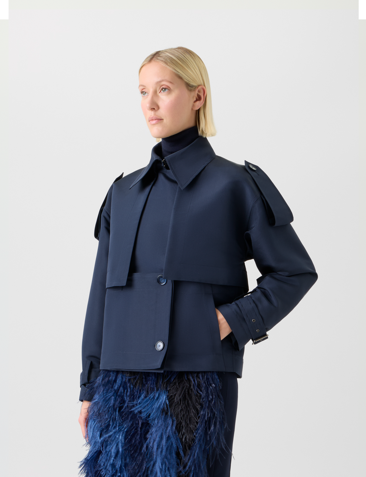 Designer Short Silk Trench Coat with Removable Bolero - neutral - navy - blue #editorial