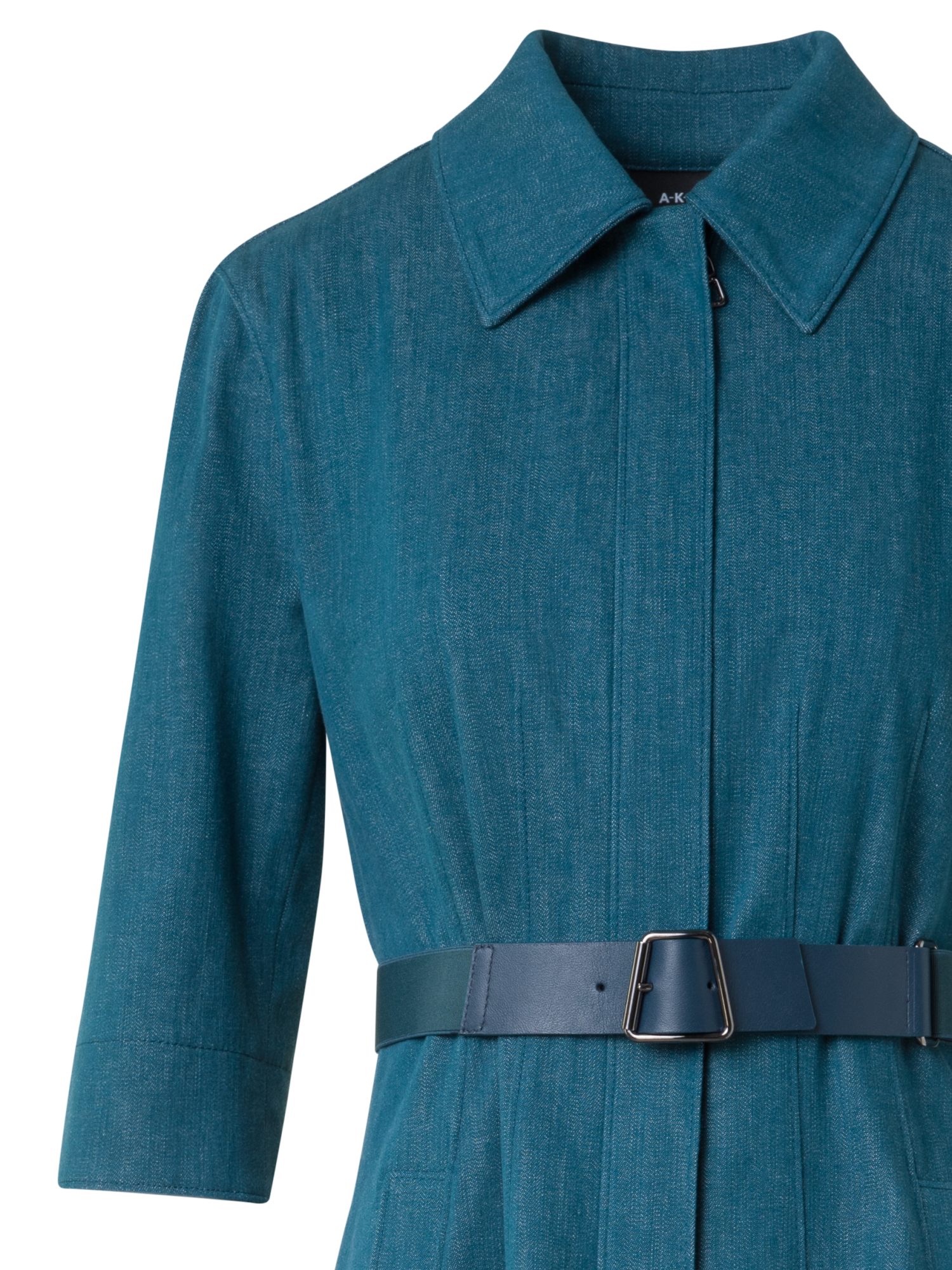 Designer Flared Midi Shirt Dress in Cotton Denim - green