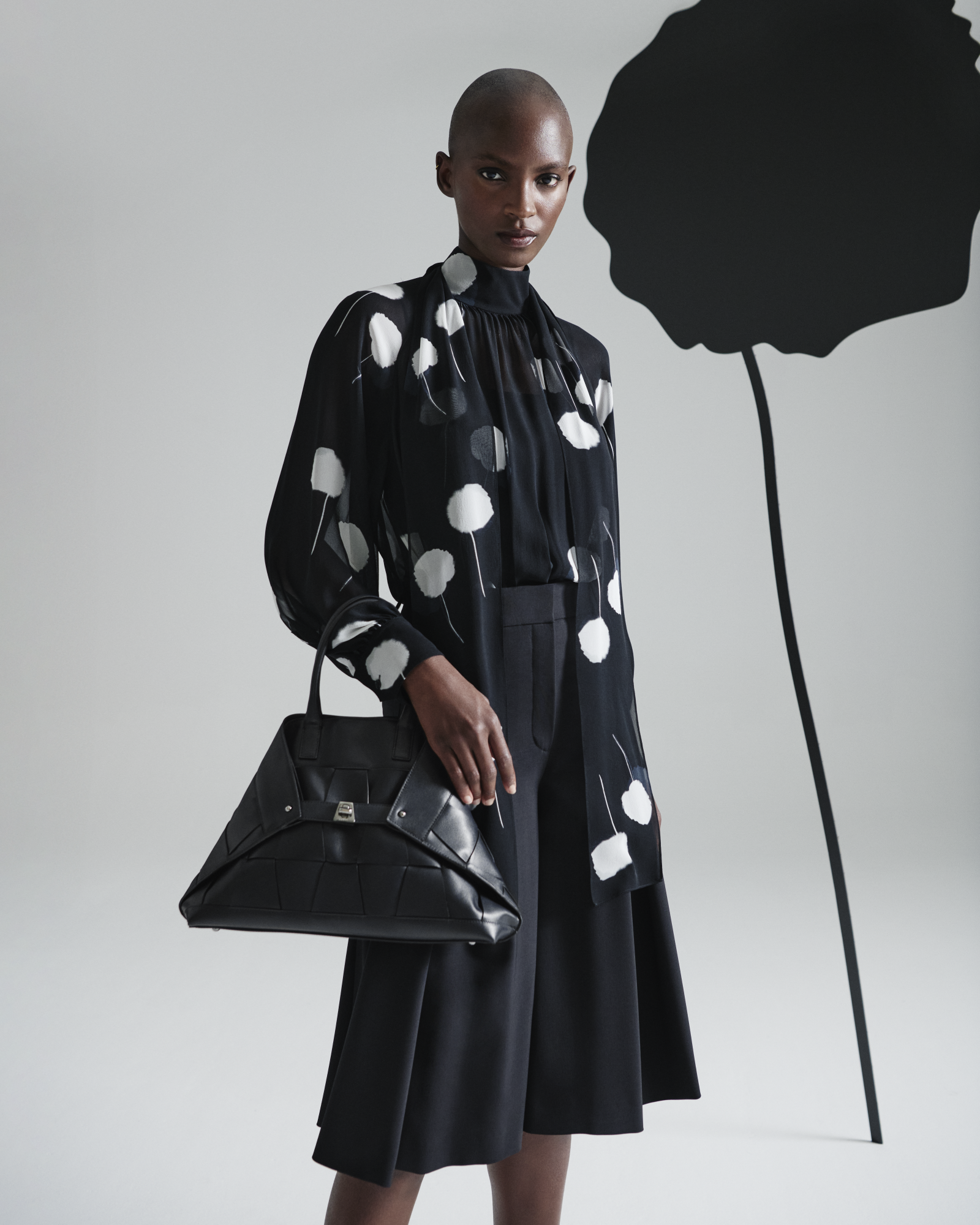 Designer Bow Tie Blouse in Silk with Dandelion Print  - black - multicolor 