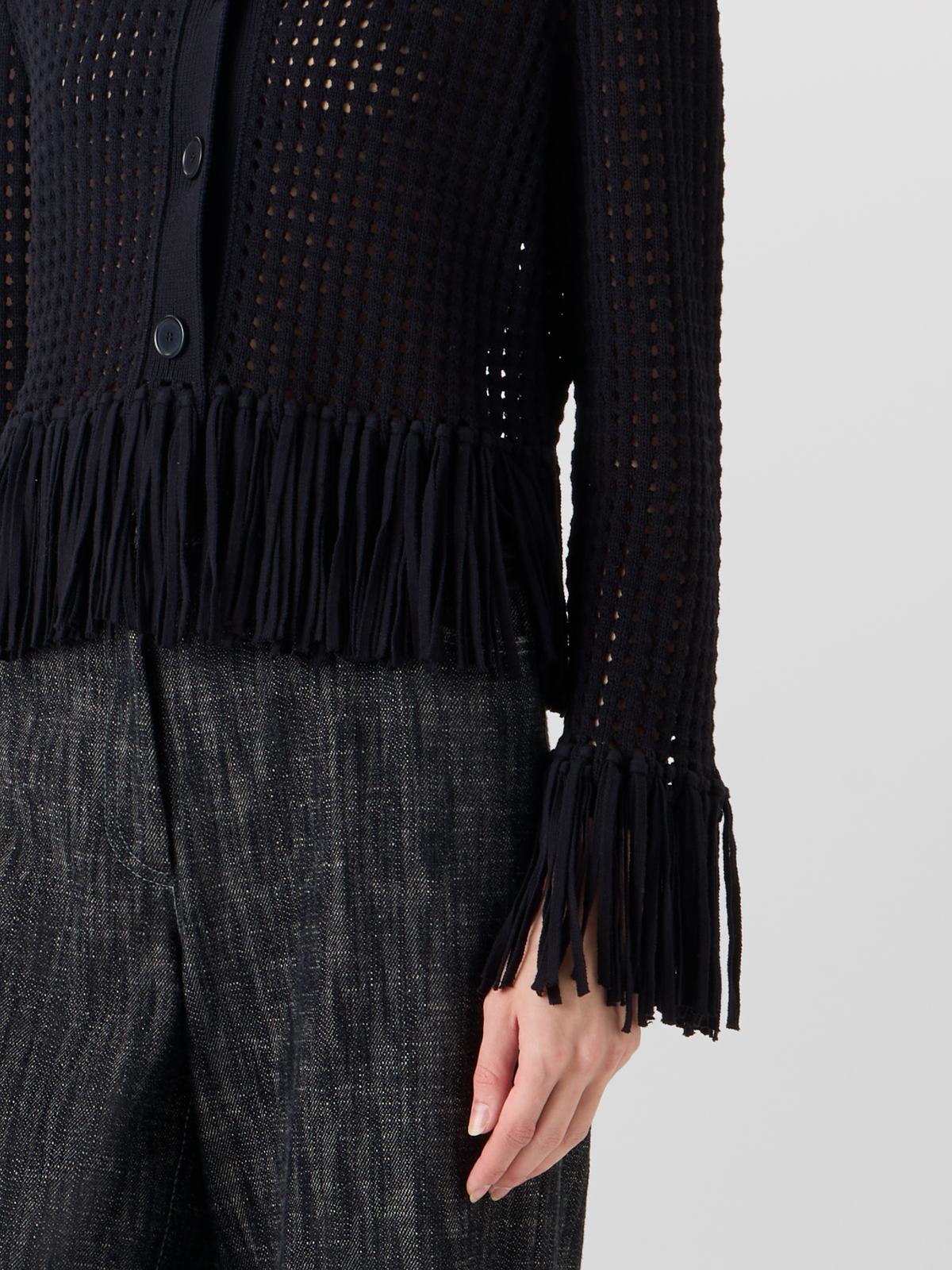 Designer Short Long-Sleeve Chunky Cotton Mesh Knit Cardigan - black #editorial