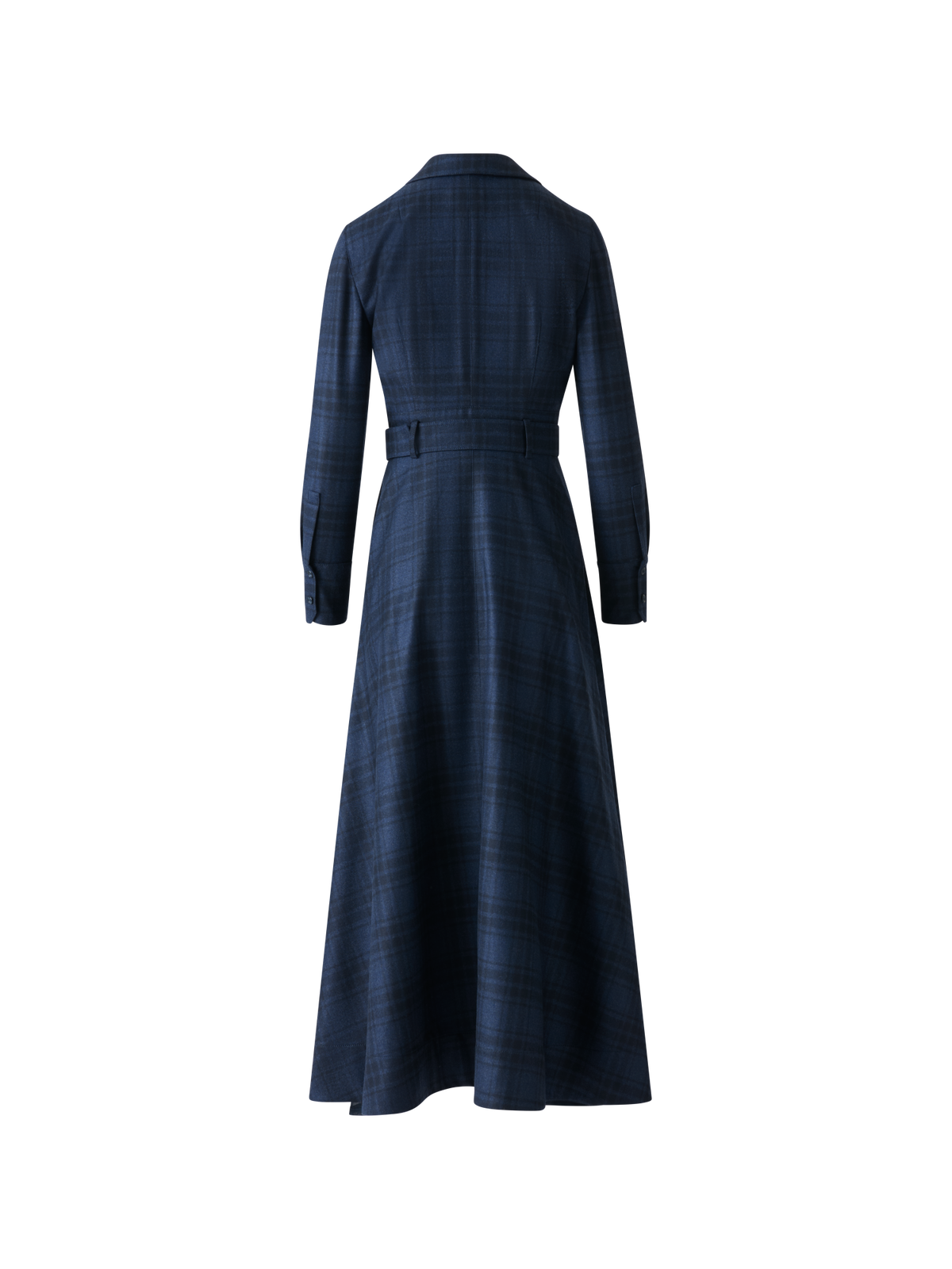 Designer Belted Wool Flannel Plaid Midi Shirt Dress - neutral - navy - blue