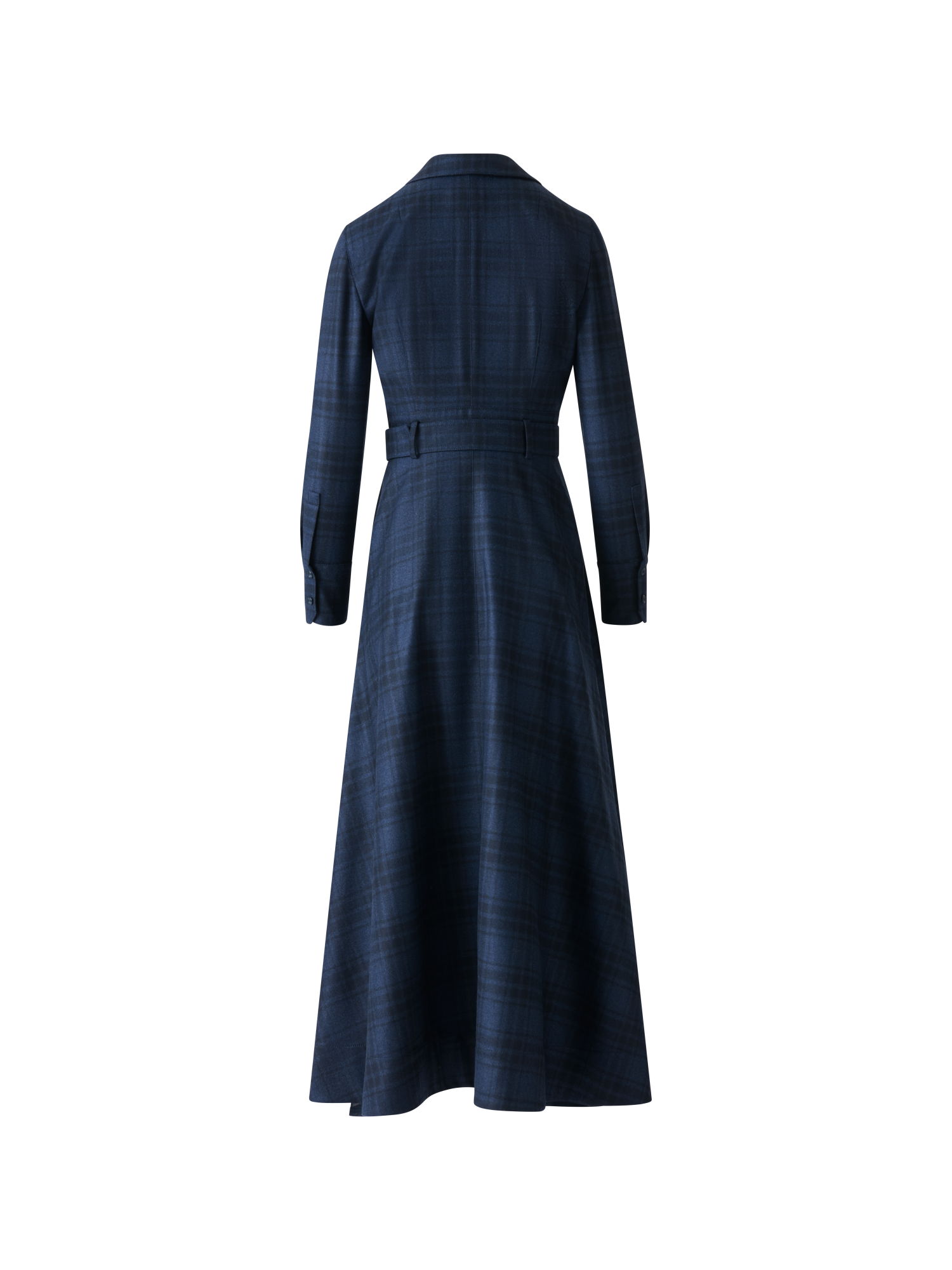 Designer Belted Wool Flannel Plaid Midi Shirt Dress - neutral - navy - blue
