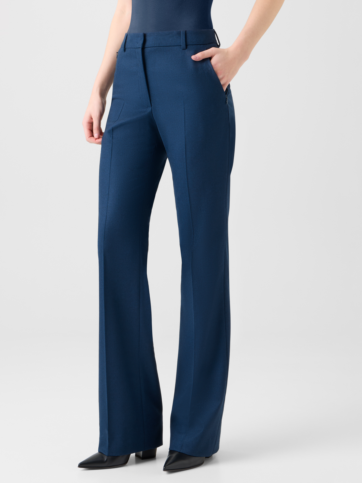 Designer Slight Bootcut Stretch Wool Flannel Pants - neutral - navy - blue #editorial