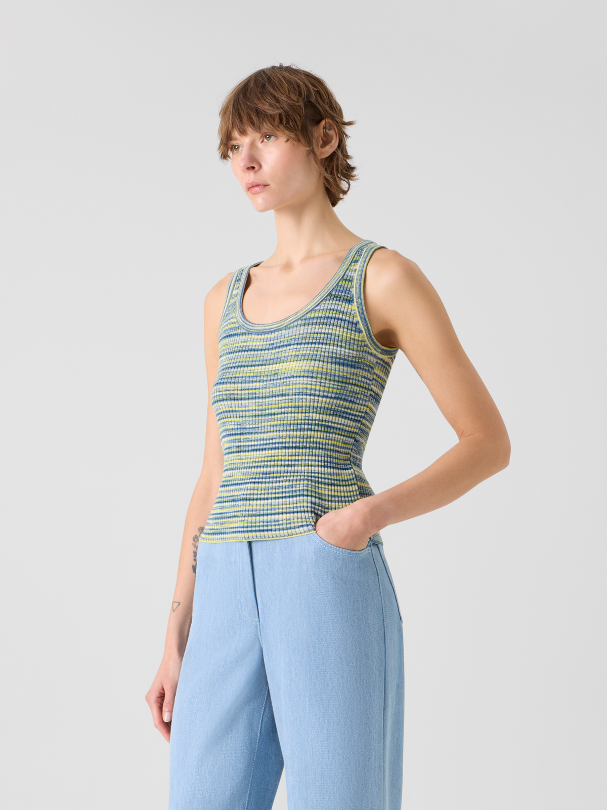 Designer Fitted Scoop Neck Space-Dye Merino Rib Knit Tank - multicolor #editorial